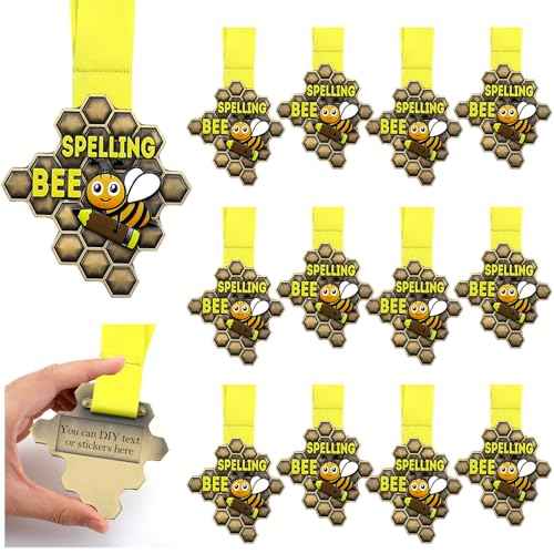 Zonon 12 Pcs Spelling Bee Medals Bulk Honeycomb Spelling Bee Award Medals with Neck Ribbon 3.23 x 3.15 Inches Spell Trophy for Back to School Competitions Party Supplies Winner Gifts
