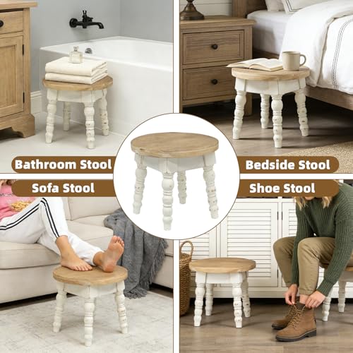 JUMBO DECOR Whitewashed Round Wooden Step Stool for Kids & Adults – Farmhouse Plant Stand, 11.8 in