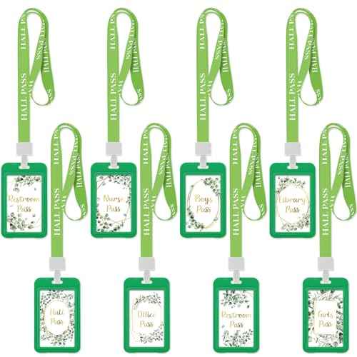 Ctosree 8 Set Eucalyptus Hall Pass Lanyards and School Passes Set Unbreakable PVC School Supplies Teacher Supplies for Classroom Elementary Middle Restroom Library Office, Green