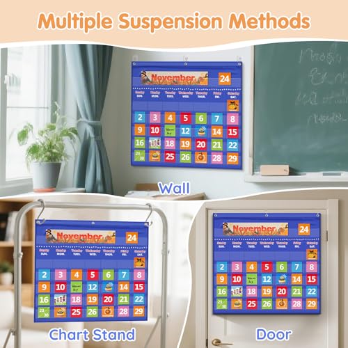 AKAYOK Classroom Calendar Pocket Chart with 88 Cards - Blue, Durable Wall Hanging Learning Tool for Homeschool & Classroom
