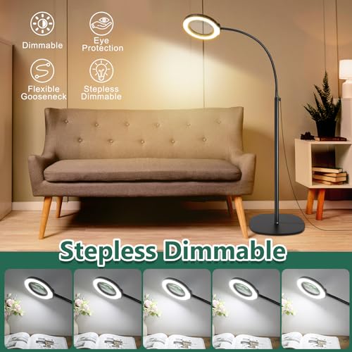 10X Magnifying Glass with Light and Stand, 24" Flexible Gooseneck 3-in-1 LED Floor Lamp, Optical-Grade Real Glass Lens, 5 Color Modes Stepless Dimmable, Lighted Magnifier Hands Free for Close Work
