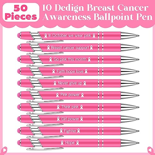 Yeaqee 50 Pieces Breast Cancer Awareness Pink Pens Bulk with 0.5 mm Inspirational Black Ink Retractable Pink Ribbon Ball Point Pens for Public Events Women Girls Gift Office Supplies