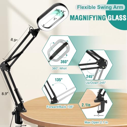 10X Rectangle Magnifying Glass with Light, 5 Color Modes Stepless Dimmable Magnifier with Stand, LED Lighted Clamp Desk Lamp with Swing Arm, Hands Free for Reading Painting Crafts Close Work