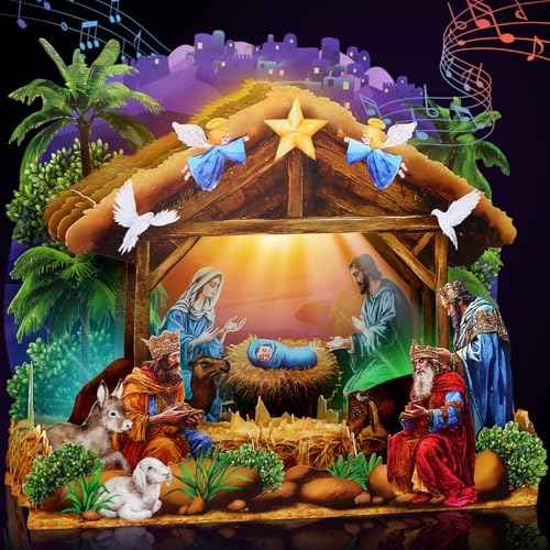 FaCraft Religious Nativity Musical Christmas Cards, 10"x7" Handmade 5-Layer 3D Pop Up Christmas Cards Gift Jesus Christ Birth Scene Decoration with Envelope, Blank Note, Seal, for Family Friends Kids