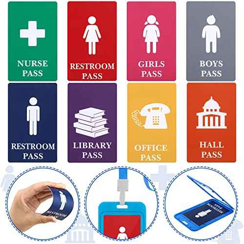8 Pcs Hall Lanyards and School Passes Set Unbreakable PVC School Passes Set Teacher Lanyard Library Office Nurse Restroom Bathroom Passes for Classrooms and Teachers Supplies (Classic Style)