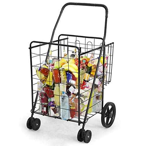 BETTARY Jumbo Folding Shopping Cart, Metal Grocery Cart on Wheels with Double Basket, Heavy Duty Utility Cart with 360¡Æ Swivel Wheels for Grocery, Laundry, Book, Luggage, Travel, Black