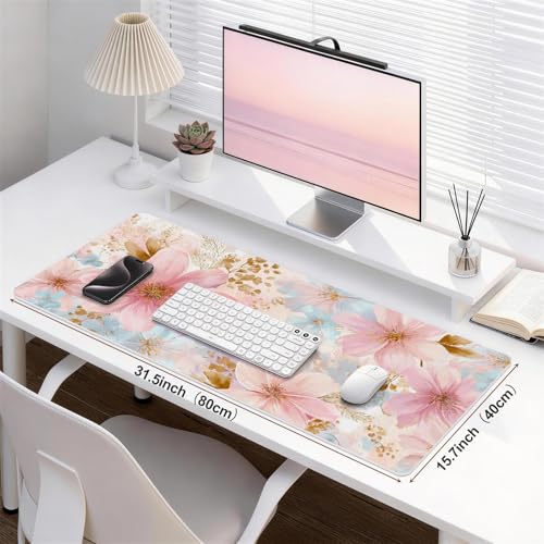 UGYAZX Pastel Pink Blue Floral Watercolor Desk Mat for Keyboard & Mouse 31.5x15.7 in - Waterproof Non-Slip Office & Gaming Pad
