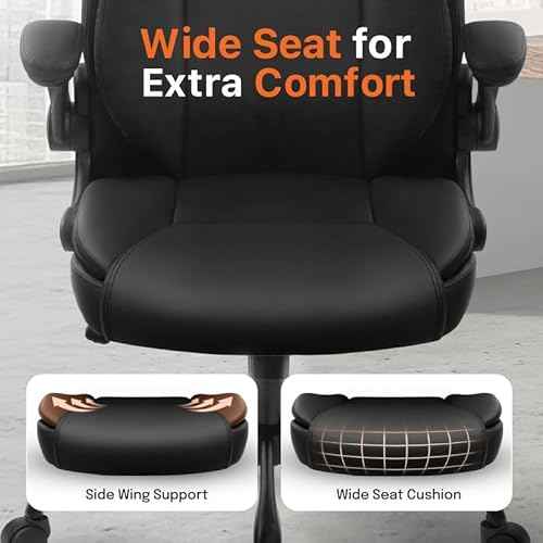 NEO CHAIR Ergonomic Office Desk Gaming Computer Chair Executive High Back Support Flip-up Arms Adjustable Height Swivel Rolling Wheels Comfy PU Leather for Home (Black)