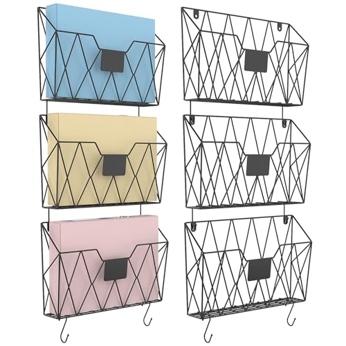 YBING Wall File Organizer Mesh Hanging Wall-mount Files Holder 6 Pack Hanging Wire Magazine Rack and Mail Holder with Hooks Office Wall Organizer for Papers Folders Files Clipboard Black