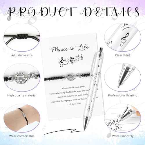 72 Sets Music Gift for Women Men Black Music Bracelet Musical Note Ballpoint Pens with Organza Bags Information Card Music Themed Gifts for Music Lovers Band Choir Teacher Grad Music Party Favor