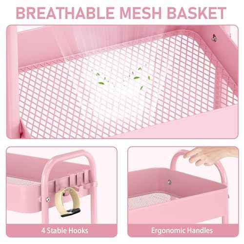TOOLF Metal Utility Cart£¬3 Tier Rolling Cart wth 4 Hooks Storage Cart on Wheels Craft Cart with Handle for Organizer Storage for Classroom Office Dorm Home Pink