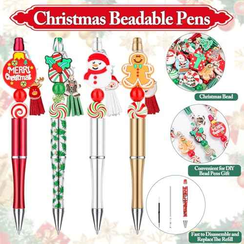 220 Pcs Christmas Beaded Pens Bulk,22 Sets Christmas Pens Bulk with Christmas Focal Beads, Silicone Beads, Christmas Charms and Tassels, DIY Beadable Pens Gift for Office School Students