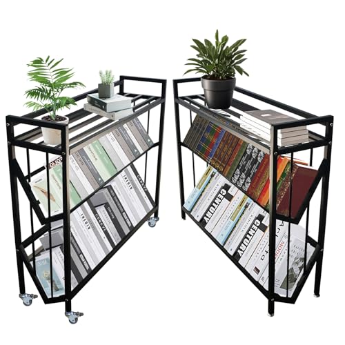 Mobile Book Cart, Rolling Library Cart with Shelves (Black, 3-Tier)