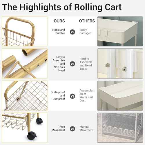 3 Tier Rolling Utility Cart, Storage Trolley Service Cart with Wheels Easy Assembly for Kitchen, Living Room, Office, Salon, Gold