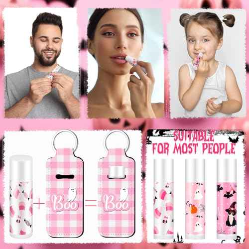 36 Pcs Halloween Lip Balms Gifts Bulk Halloween Party Favors Lip Balm Holder Keychain Spooky Ghost Skull Bat Lipstick Moisturizers for Adults Treat Bags Stuffers Party Supplies(Pink Style)