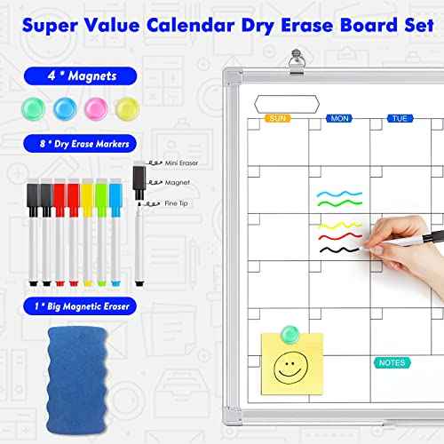 Dry Erase Calendar Whiteboard for Wall, 24" x 18" Magnetic Monthly White Board Calendar Dry Erase, Wall Hanging Aluminum Frame with Tray for Home, School, Office