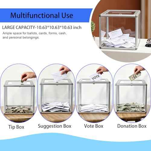 Extra Large Donation Box for Charity, Acrylic Ballot Box with Slot 10.62 x 10.62 x 10.62 Inch, Extra Large Ballot Box/Suggestion Box/Raffle Ticket Box with Lock for Fundraising, Voting, Tips