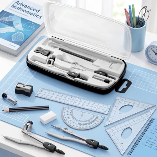 Zonon 10-Piece Math Geometry Set for Students with Compass, Protractor, and Ruler - Black