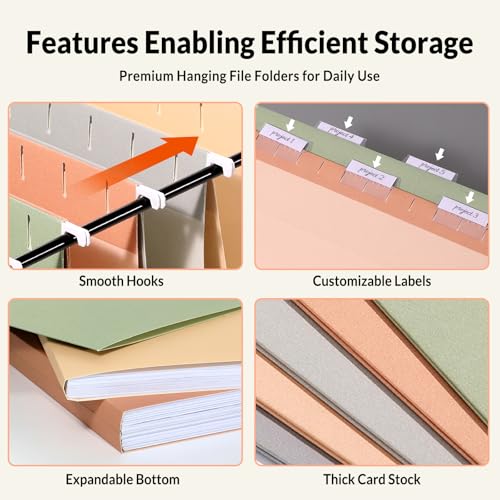 SUNEE Pastel Colors Hanging File Folders - Letter Size, 25 Pack with Tabs
