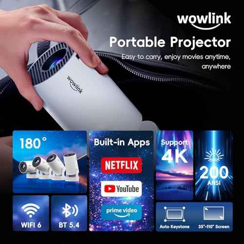 [Built-in Apps & 2025 Upgraded] Mini Projector with WiFi 6 and Bluetooth 5.4 Support 4K 1080P Auto Keystone 180¡Æ Rotatable Projector Portable Compatibile with HDMI/TV Stick/Memory Stick/Laptop, White