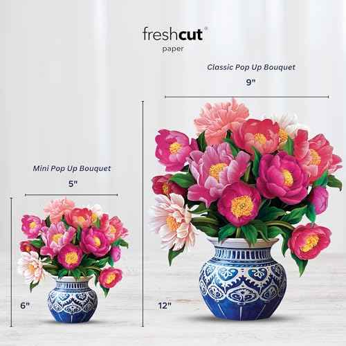 Freshcut Paper Pop Up Cards, Mini Peony Paradise, 6 Inch Mini Sized Forever Flower Bouquet 3D Popup Greeting Cards, Birthday Cards, Thank You Card, Blank Notecard & Envelope