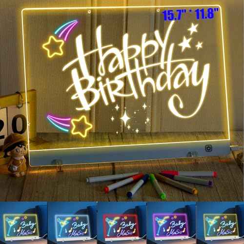 Large LED Drawing Board for Kids with Stand, 15.7''X11.8'' LED Note Board with 7 Markers,Trend Shop Message Boards,7 Colors Acrylic Dry Erase Board with Adapter,Hanging Chain,Ideal Gift for Holidays