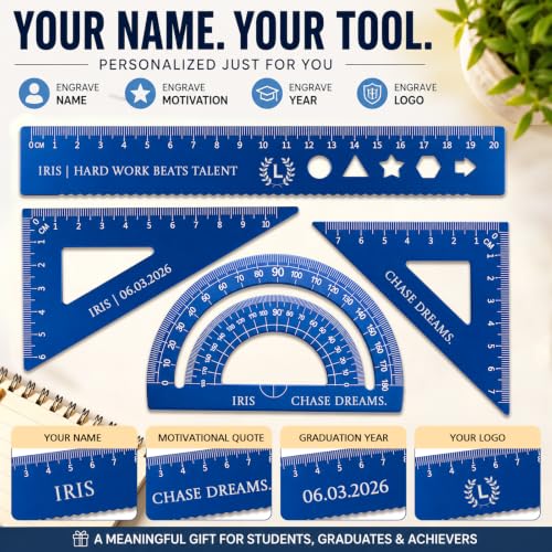 Blue Personalized Aluminum Geometry Set with Custom Engraved Name - 20cm Ruler, 7cm & 10cm Triangle Rulers, 180° Protractor, Back to School Gift