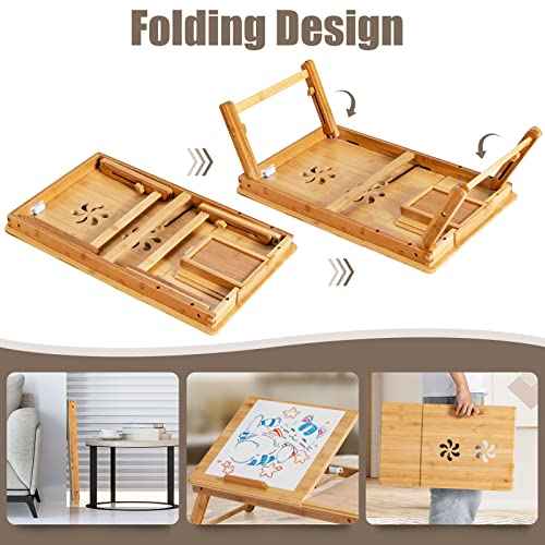 Tangkula 100% Bamboo Laptop Desk with Tilting Top & Drawer, Height Adjustable Portable Breakfast Serving Bed Tray with Heat-Dissipation Holes, Folding Bed Table for Surfing Reading Writing Eating