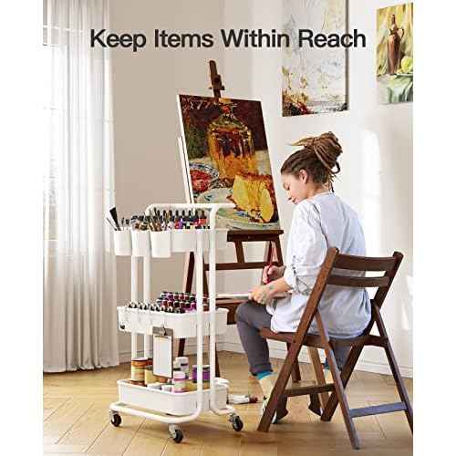 Pipishell 3-Tier Rolling Cart with Wheels - Rolling Storage Cart with Hanging Cups & Hooks - Mobile Utility Cart for Office, Kitchen, Craft Room - Art & Craft Organizer, White, PIUC06W