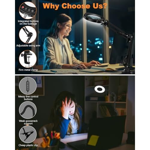 10X Magnifying Glass with Light, 5 Color Modes Stepless Dimmable LED Desk Lamp, Hands Free Lighted Magnifying Glass for Close Work Reading Craft Hobby