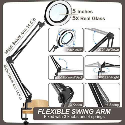 Veemagni 5 Inch Large Magnifying Glass with Light and Stand, 5 Color Modes Stepless Dimmable, Long Swivel Arm LED Clamp Desk Lamp, Hands Free 8X Lighted Magnifier for Close Work Craft Hobby Soldering