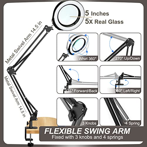 VEEMAGNI 5 Inch Large Magnifying Glass with Light and Stand, 5 Color Modes Stepless Dimmable, Long Swivel Arm LED Clamp Desk Lamp, Hands Free 10X Lighted Magnifier for Close Work Craft Hobby Soldering
