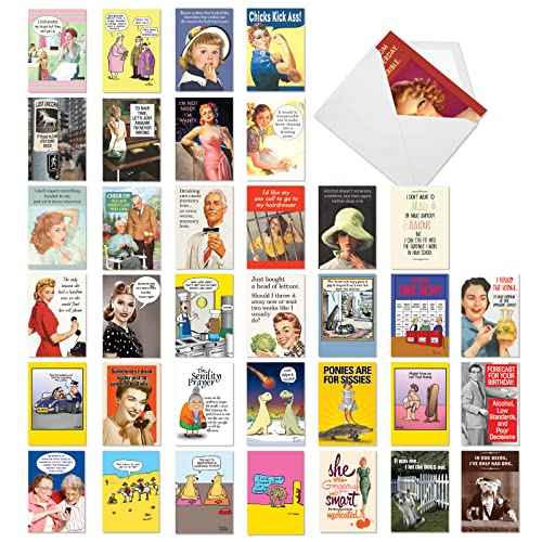 NobleWorks - 36 Assorted Funny Blank Cards Box Set with Envelopes, Mixed Humor Bulk Variety Pack - Just Because, Friendship for Men, Women (36 Designs, 1 Each) - Blank Expressions AC9153OCB-B1x36