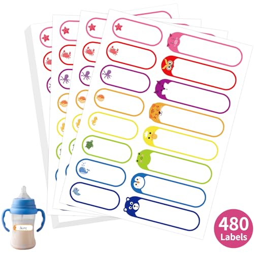 Animal Waterproof Labels for Kids' Items - 480 Pack Daycare Name Stickers