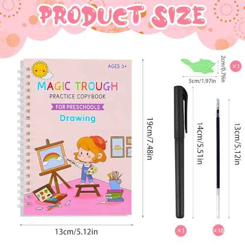 4 Pc Magic Grooved Practice Copybook,Reusable Grooved Writing Books,Handwriting Book Practice for Kids,Writing Practice for Kids Ages 3-8 Calligraphy (4pc+Pen) (4 Books with Pen)