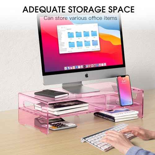Pink Acrylic Monitor Stand Riser, 2-Tier computer stand with Storage, clear monitor stand for desk Suitable for laptops, printers, TV£¬desk organization With phone holder