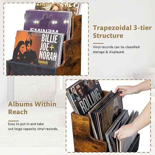 Vinyl Record Storage,Stepped 3 Tier LP Vinyl Record Crate,Vinyl Record Album Holder,Holds up to 60 Records,Desktop Metal & Wooden Record Box Case Crate