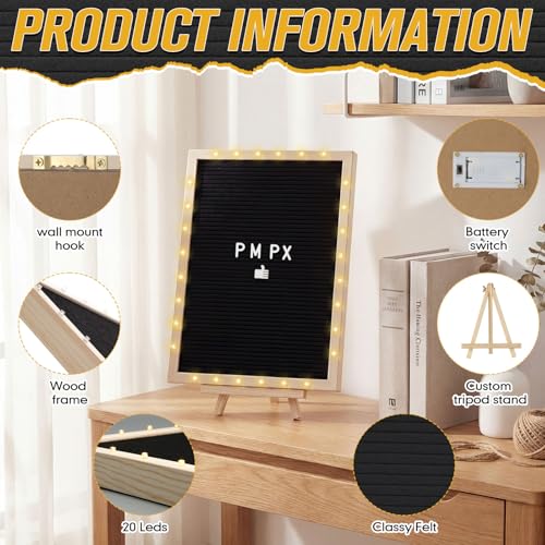 Wearage 12x16 Inch Felt Letter Board with LED Light & Natural Wood Frame, Black
