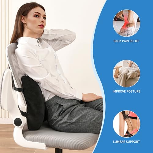 Lumbar Support Pillow for Office Chair - Memory Foam Back Cushion for Chair, Car, Couch - Lumbar Pillow Promotes Better Posture, Back Pain Relief with Adjustable Strap & Non-Slip