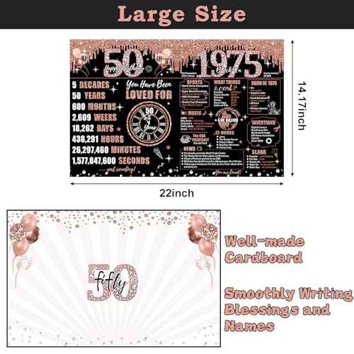 Large 50th Birthday Card for Women with Envelope, Black Rose Gold Happy 50th Birthday Guest Book Gifts Jumbo Fifty Greeting Card Back in 1975 Decorations Party Supplies