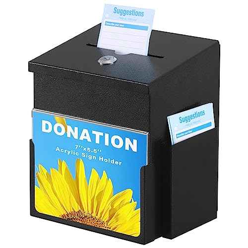 xydled Suggestion Box with Key Lock Acrylic Sign Holder, Metal Donation Ballot Drop Box with Slot Tip Jar for Office, Fundraising, Church, School,8.9''x7.1''x6.3'', Black