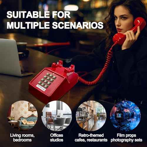 Vintage Retro Landline Phone, Old Telephone with Mechanical Ringer Receiver Volume Adjustable Retro Analog Desk Phone Classic Design for Home, School (Red)