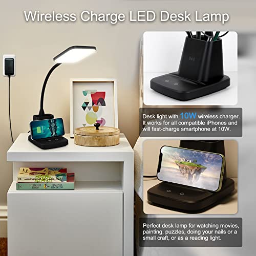 Sailstar Black LED Desk Lamp with 10W Wireless Charger & Pen Holder - Adjustable Dimmable Light