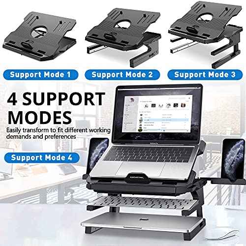 AboveTEK Laptop Stand, 20 Angles Two-Layer Height Adjustable Laptop Stands, Portable Laptop Riser with 360 Rotating Base Storage Space & Extra Phone Holders Compatible with 10''-17'' Laptops Black
