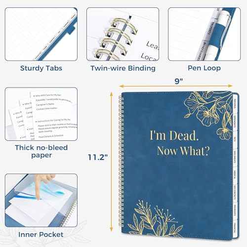 SUNEE End of Life Planner - I'm Dead Now What Planner for Seniors & Family Legacy, Large Print Spiral-Bound Estate Planning Organizer with Tabs - Final Wishes, Passwords & Funeral Planning, A4, Blue