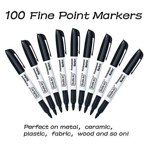 Shuttle Art 100 Pack Black Permanent Markers, Fine Point Permanent Marker Pens Set Perfect on Plastic, Wood, Stone, Metal and Glass for Doodling, Writing, Marking, Office School Supplies