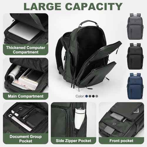 Large Capacity Water Resistant Laptop Backpack, 17 Inch Airplane Approved Durable Bag for College, Business Travel, Green