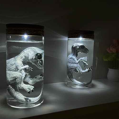 Dinosaur Specimen Jar Night Light, Realistic Raptor Figurine in Glass Bottle, LED Decor for Home/Desk (Velociraptor)