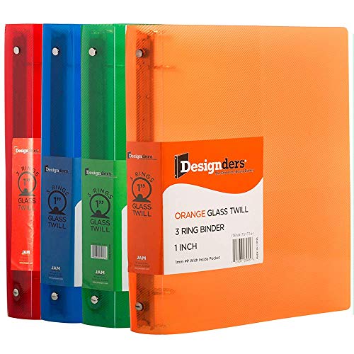 JAM Paper Assorted 1 Inch Plastic 3 Ring Binders - 4 Pack, Red Blue Green Orange