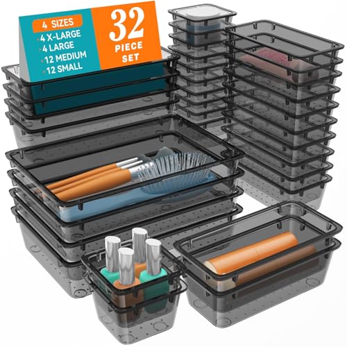 WOWBOX 32 PCS Clear Plastic Drawer Organizer Set, 4 Sizes Desk Drawer Organization and Storage Containers for Makeup, Cosmetics, Jewelry and Gadgets in Kitchen, Bathroom, Bedroom, Office, Clear Black